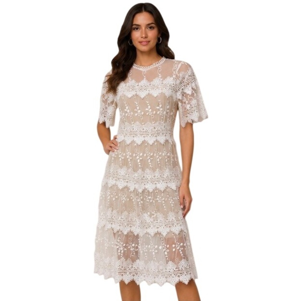 Just Me White Lace Tiered Midi Dress Short Sleeve Floral Bridal Shower Small
